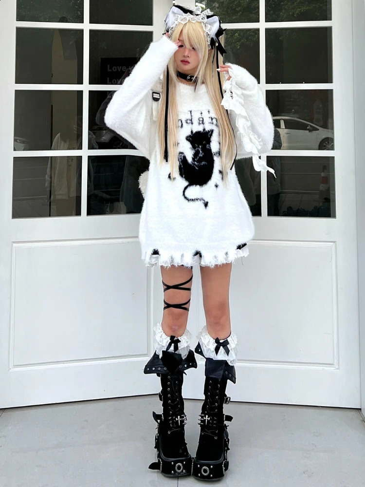 Gothic cartoon jacquard Kawaii sweater Y2K aesthetic loose knit pullout Harajuku Grunge casual fairy jumping womens top 240821