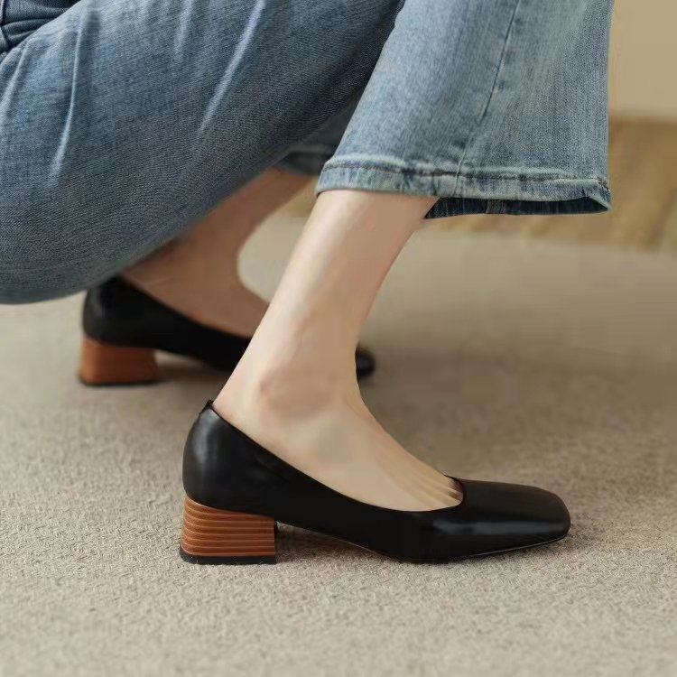 Ddmysports Autumn New Solid Color Shallow Mouth Square Ead Small Leather Women S Middle Eel Children Coarse Follow Shoes Grandma OUTDOOR