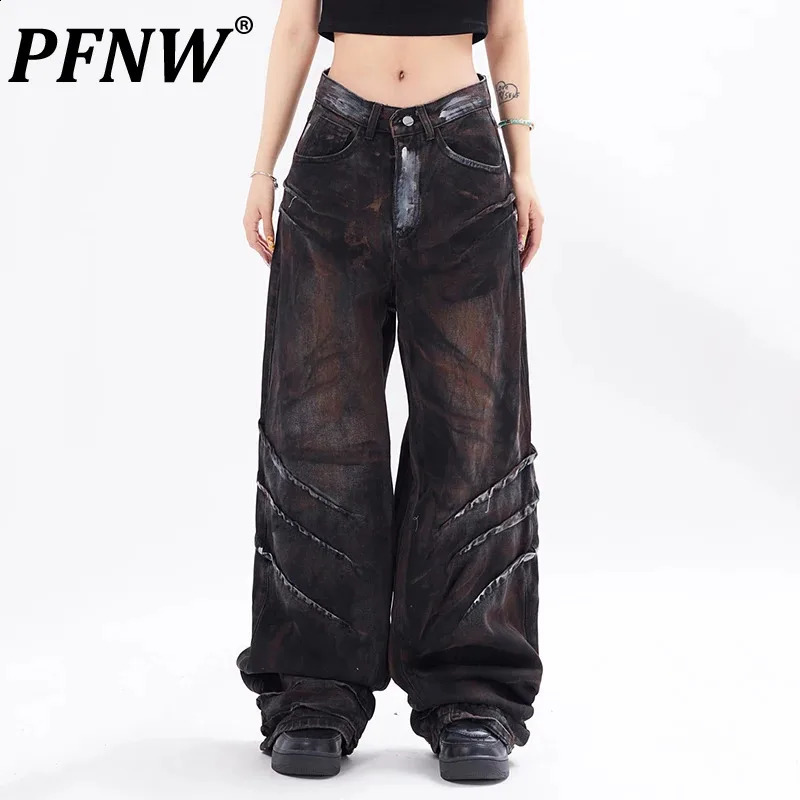 PFNW Worn-out Dirty Print Denim Pants Mens Niche n Trendy Straight Trousers Gradient Color Streetwear 28W3650 240821