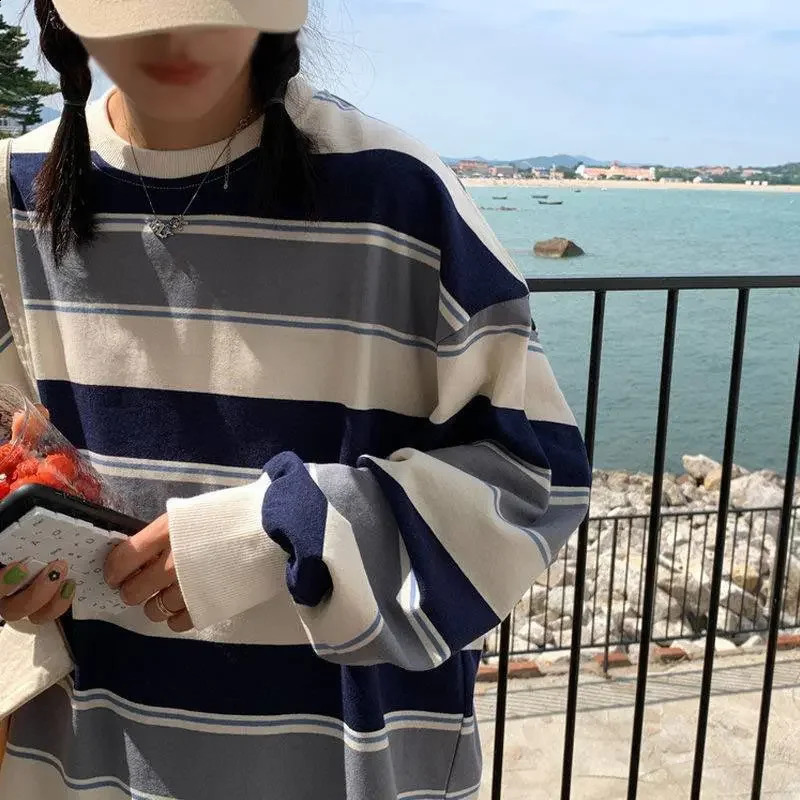 Womens Tshirt Summer Clothing Striped Top Sports Shirt Korean Fashion Long Sleeve Splicing Loose Couple 240820