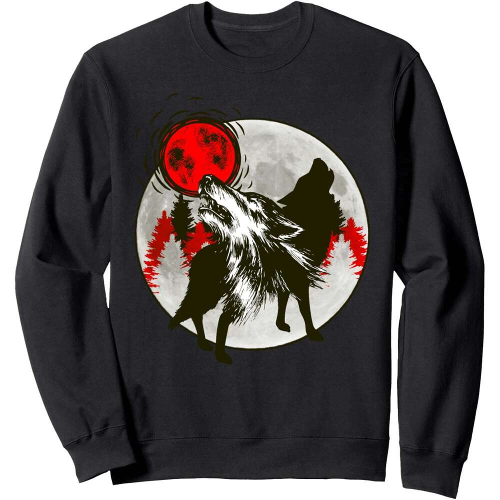 Long Sleeve Shirts for Men sweatshirt Woes Howling At Red Moon Silhouette Wildlife Gift Sweatshirt T shirt Tee Streetwear Casual tops clothes