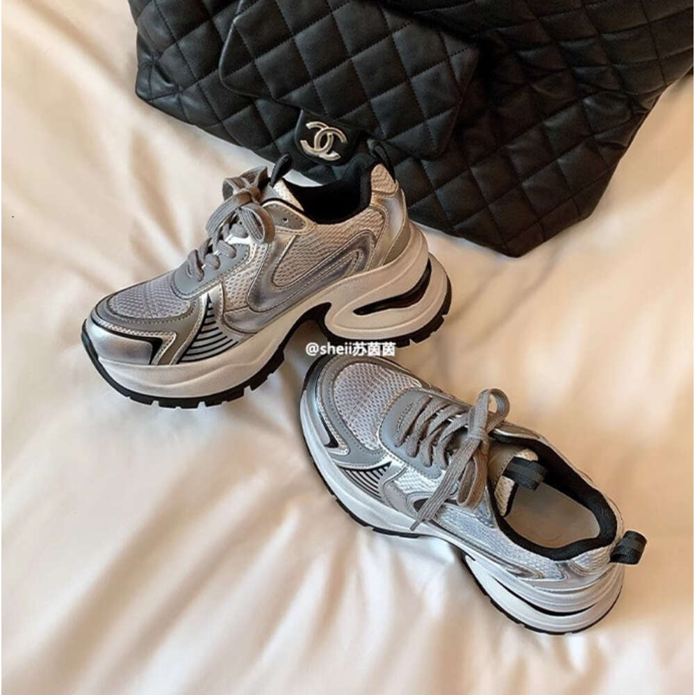 Ddmysports Su Yinyin Zhao Lusi Same Style Cm Breathable Silver Thick Sole Raised Casual Sports Father Shoes Women Genuine Leather For OUTDOOR