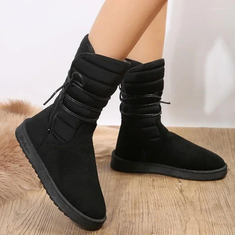 Boots 2024Platform Mid-calf Womens Winter Warm Plush Suede Snow Waterproof Designer Flats Lace Up Cotton Shoe