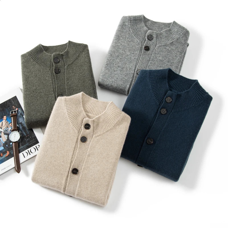 Autumn and Winter Collection 100% Cashmere Mens Casual Round Neck Button Cardigan Versatile Temperament Sweater for Men 240821