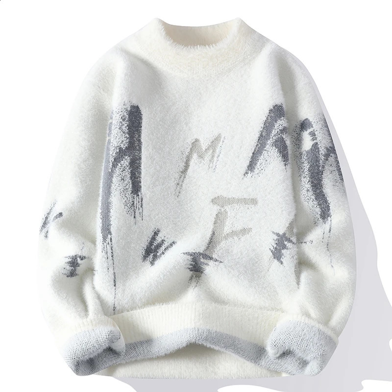 Mens Winter Sweater Pullover Mens Casual Slim Print Thicken Warm Knitted Sweater Jumper Street Outdoor All Match Sweatshirt 240821