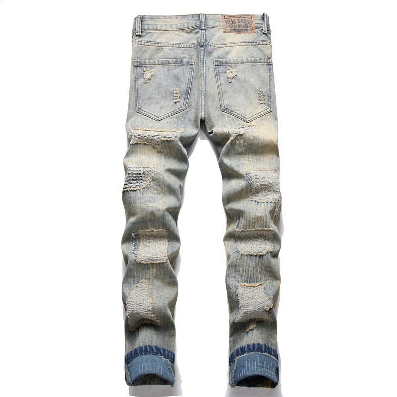 Spring Ripped Patch Jeans Retro Blue Slim Mid-Waist Elastic Mens Cuffed Printed Hip Hop Casual Pants 240821