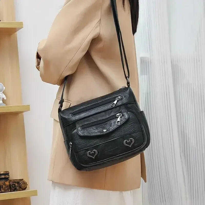 Vintage Women Shoulder Bag PU Soft Leather Crossbody Large Capacity Multipockets Messenger Lady Handbag Purse 240821