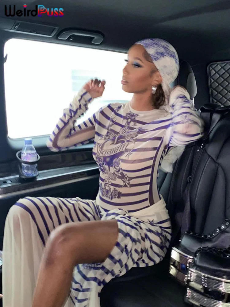 Weird Puss See Through Striped Women 2piece Hipster Print Long Sleeve TopsKnot Split Skirts Sexy Clubwear Matching Outfits 240821