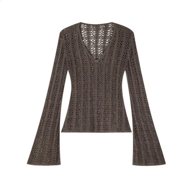 autumn Vneck knitted top Mujer Fashion All match ultrathin fit sweater Y2k EGirl flash sleeve puller 240821