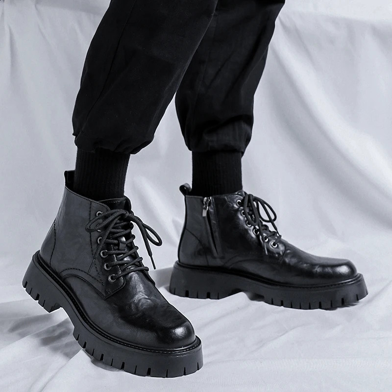 England style mens leather ankle boots with thick soles autumn and spring mid cut boots mens lace laces soft round laces denim boots 240821