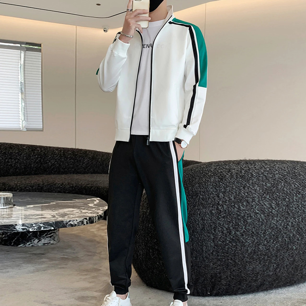 Fashion Korean Version Mens Patchwork Zippered SportswearPants Set Spring Autumn Leisure Jogging Fitness Two-Piece Set 240821