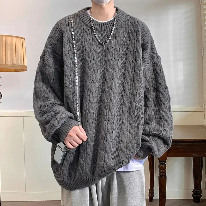 Solid Colour Ribbed Twist Pattern Round Neck Pullover Sweater Men Women Autumn Winter Couple Loose Knitted Woolen Top Warm Soft 240821