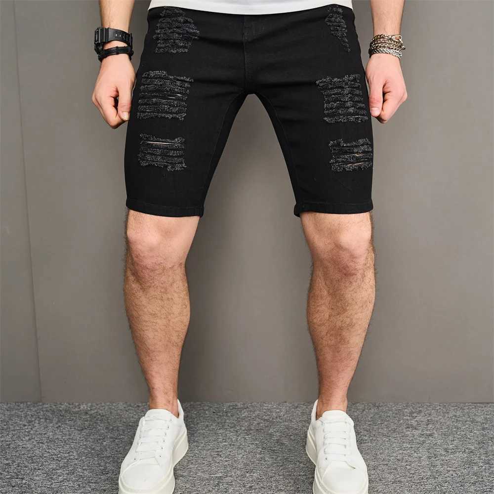 Street mens hole Distressed ultra-thin beach denim shorts summer fashion solid mens casual jeans five point pants W241226
