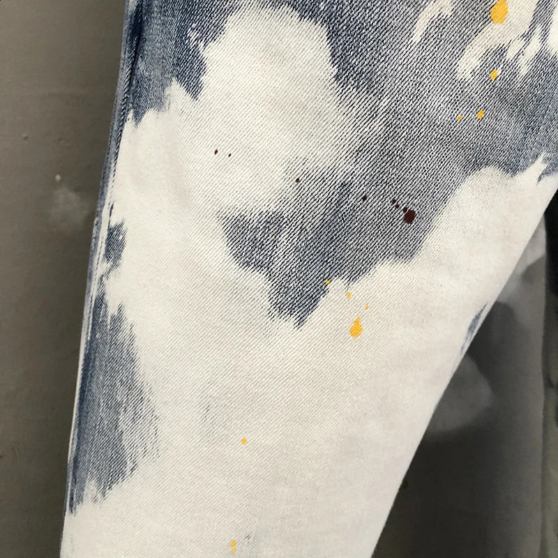 Street Retro Skinny Jeans Men Paint Inkjet White Jean Blue Motorcycle Pants Streetwear Trousers Stretch Pantalon Vaqueros Hombre 240821