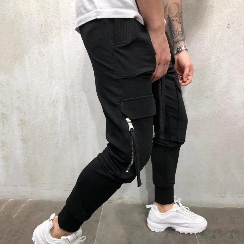 Multi Pockets Elastic Waist Training Trousers Ribbed Ankle Solid Color Drawstring Men Cargo Pants Workwear 240821