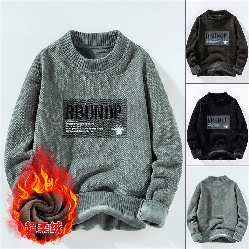 Mens Round Neck Solid Color Thick Sweater Autumn and Winter Fashion Handsome Printed Letter Long Sleeved Loose Knitted Tops 240821