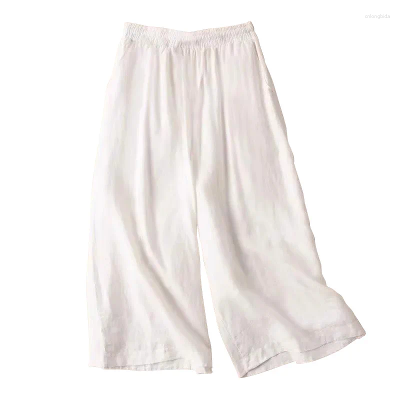 Women's Pants Summer Cotton Linen Wide Leg Cropped Women Calf Length Casual Female Solid Loose High Waist Straight Trouser