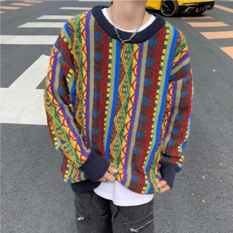 Colorful Printed Retro Men Sweater Color Block Hip Hop Trend Round Neck Knitted Top College Casual Oversized Pullover 240821