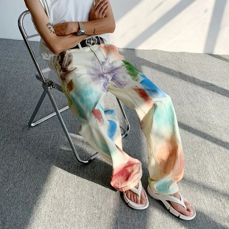 Loose-fit Slimming Straight-leg Casual Jeans Mens Colorful Hand-drawn Brush Style American Vibe Summer Pants Street Trousers 240821