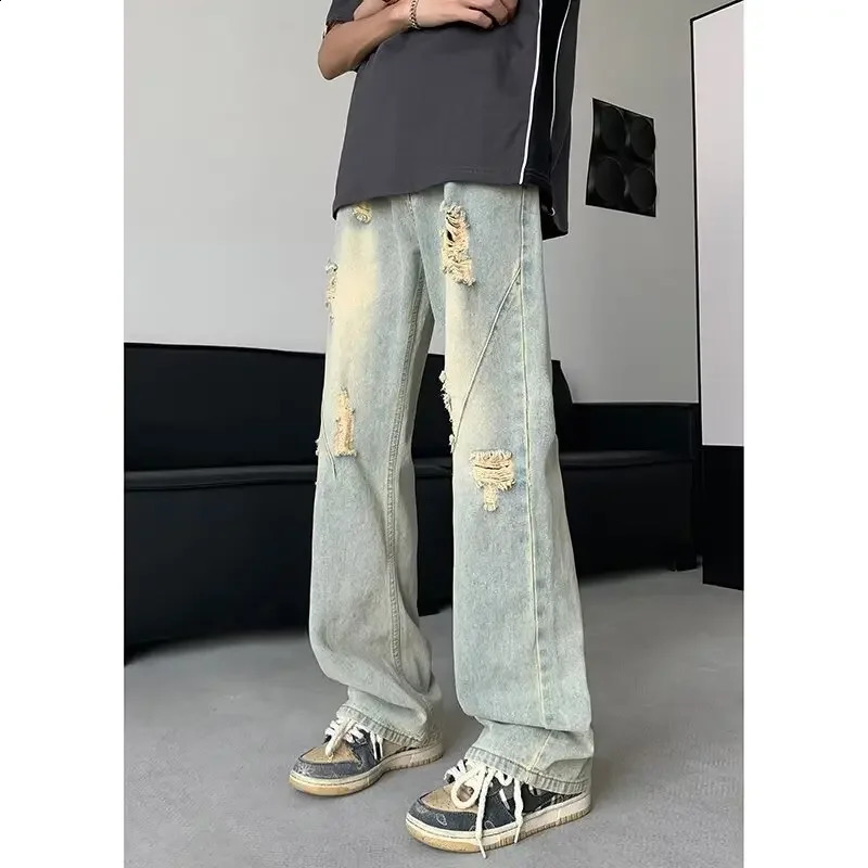 Vintage Wide-leg Jeans For Men Style Loose-fit Versatile Ripped n Sensibility Straight-leg Pants American Style 240821