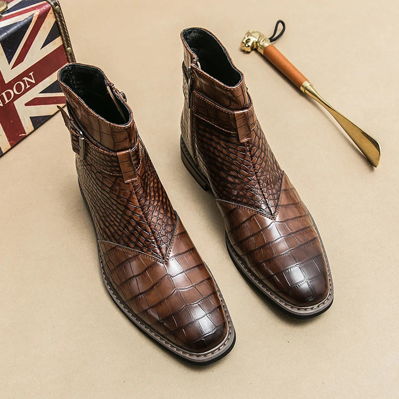 High end banquet formal boots winter ankle boots mens business shoes Pointed mens genuine leather shoes retro brown 240821