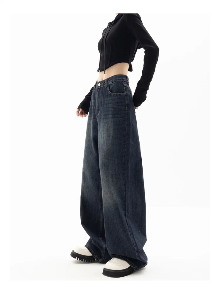HOUZHOU Vintage Women Wide Leg Jeans Harajuku Baggy Denim Trousers Oversized Grunge Streetwear Y2k Autumn Pants Korean Fashion 240821