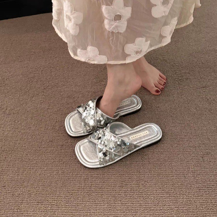 Ddmysports Scattered Galaxy Summer New Glitter Flat For Women S Outerwear Cool Slippers One Line Beach OUTDOOR