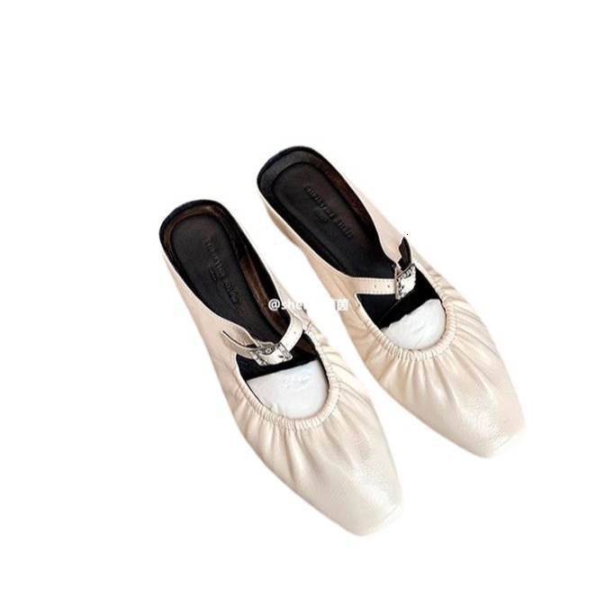 Ddmysports Su Yinyin S New Summer Square Head Calf Leather Pleated Bun Toe Thick Heel Slippers Women Semi Trailer For External Wear OUTDOOR