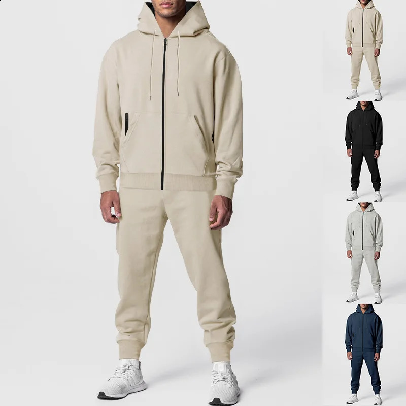 cross-border autumn and winter mens solid color long-sleeved trousers hooded sports and leisure fleece warm suit 240821