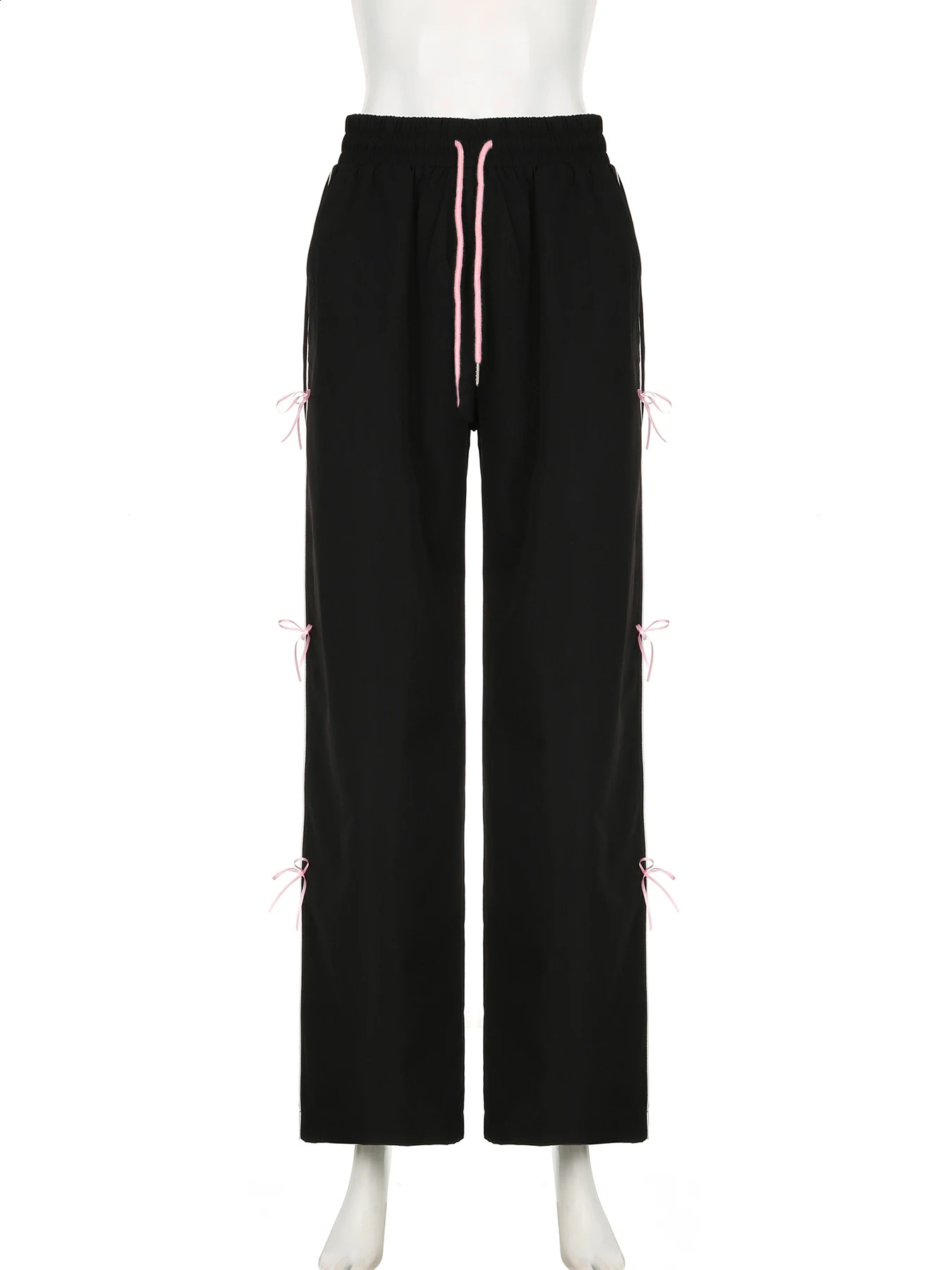 IAMSURE Sweet Bow Striped Wide Leg Pants Casual Loose Basic Bandage MidWaisted Women Summer Fashion Streetweear Lady 240821