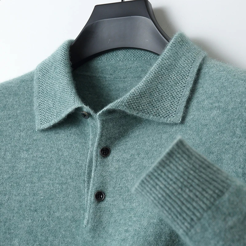 Cashmere sweater mens polo neck 100 pure cotton long sleeved Tshirt business casual brushed knit bottom w240824