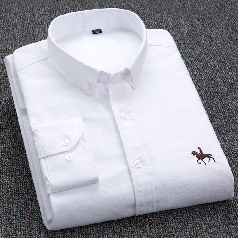 S-6XL Casual Pure Cotton Oxford Mens Shirts Long Sleeve Embroidery Horse Design Regular Fit Fashion Button Man White Dress Shirt Tops Outerwear