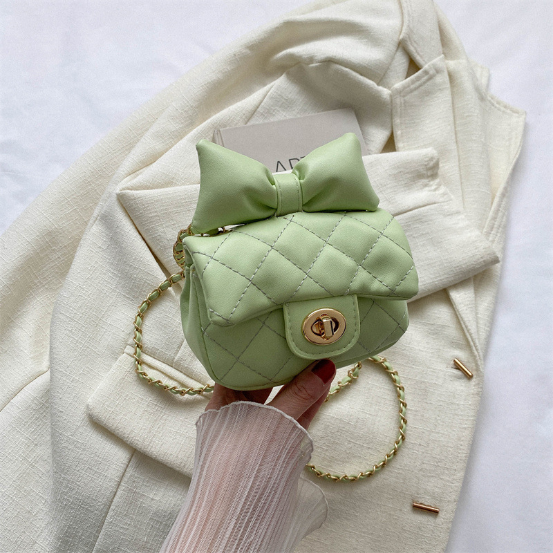 New children's with bow, coin purse, embroidered thread, small fragrant style, diamond grid bag, stylish girl's chain crossbody bag F15.2-08