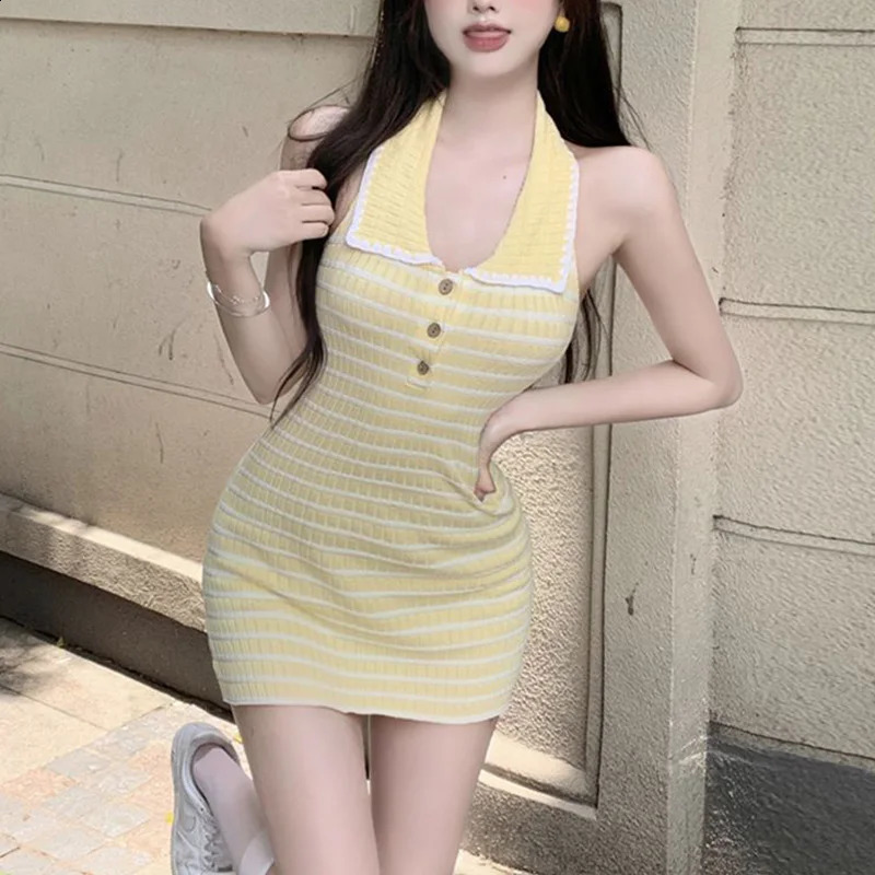 Sexy Camis Dresses Summer Fashion Patchwork Turn-down Collar Sleeveless Knitted Dress Ladies Fashionable Bodycon Striped Dress 240821