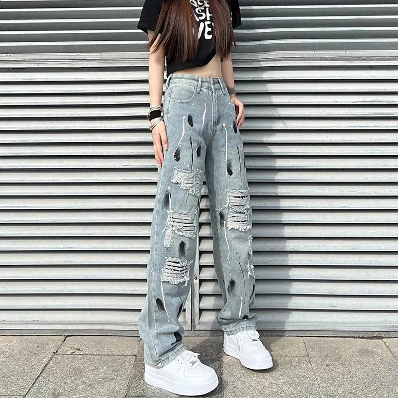 Torn with Holes Blue Pattern Graphic High Waist S Womens Jeans Ripped Straight Leg Pants for Women Pockets Print Trousers R Z 240821