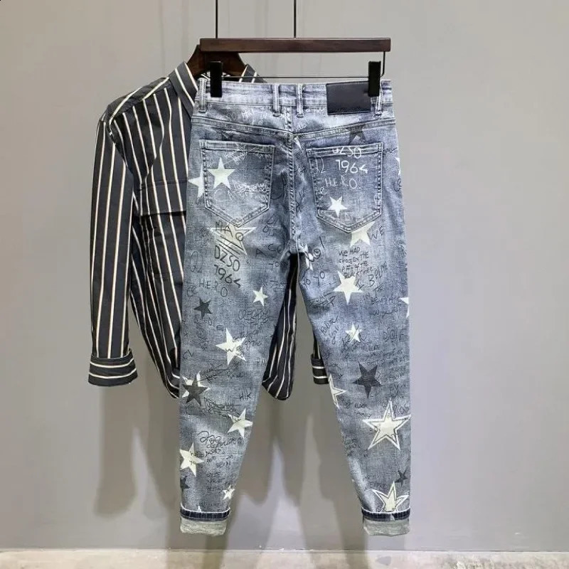 Trousers Star Man Cowboy Pants Cropped Elastic Mens Jeans Stretch Light Blue with Print Clothes Y2k 2000s Spring Autumn Washed 240821