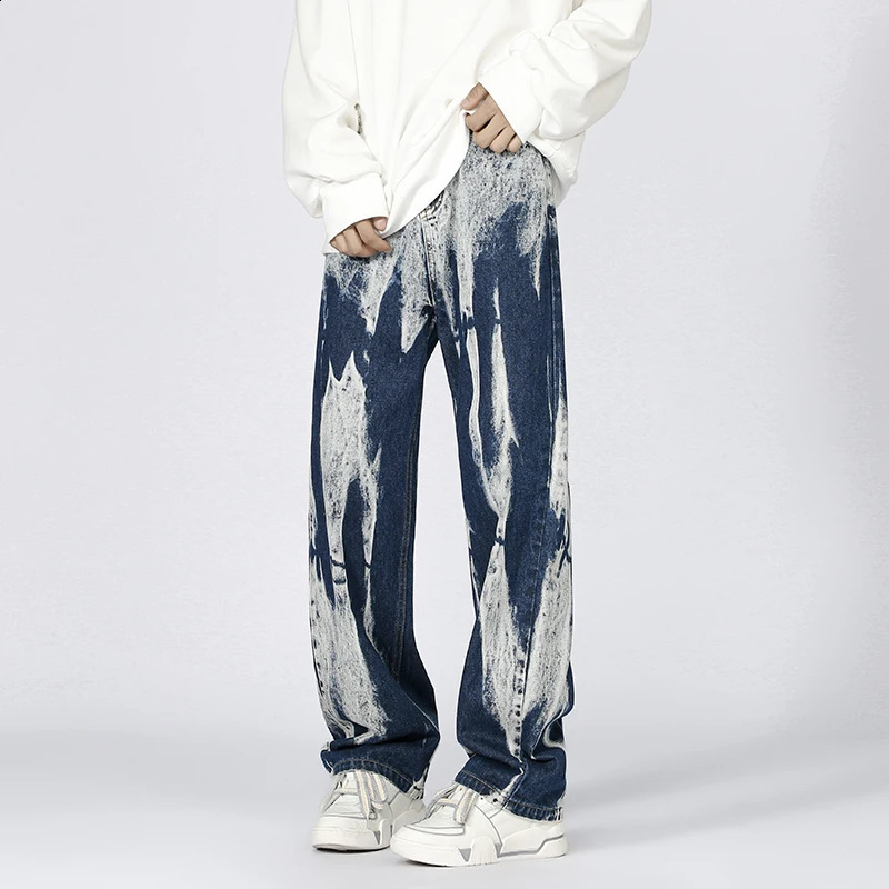 Y2k Style Mens Tie Dye Jeans Autumn Streetwear Hip Hop Loose Straight Wide Leg Pants Plus Size Baggy Denim Trousers 4XL 5XL 240821