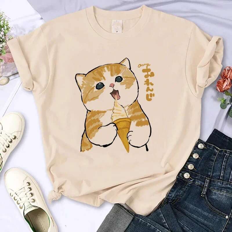 Cat Cute Women Funny Cartoon T Shirt Y2K Haruku Graphic Ulzzang T-Shirt 90S Print Tshirt Aesthetic Top Tee Female - shirt op ee