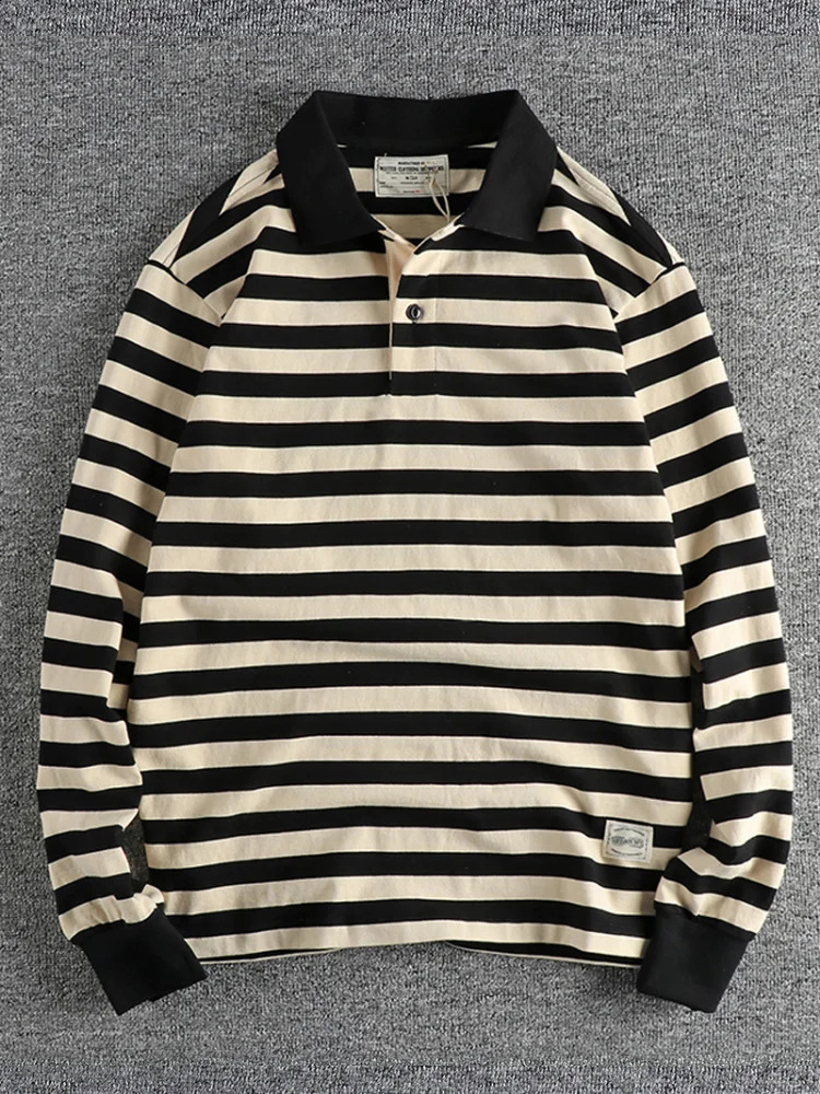 Autumn American Retro 250g Long Sleeve Laepl Sailor Striped Polo Shirt Mens Fashion 100% Cotton Washable Heavy duty Tshirt w240824