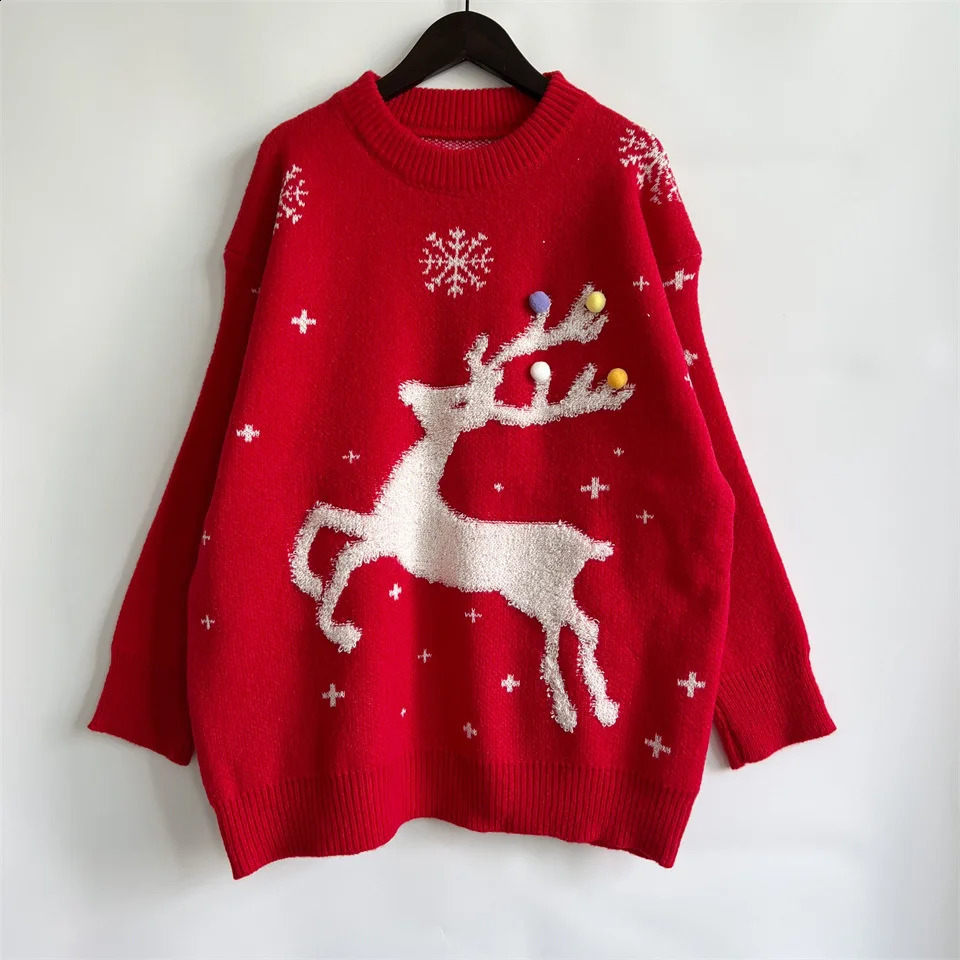 OMCHION Sueter Feminino Korean Style Women Christmas Sweater Casual Loose Pullover Red Fashion Warm Knitted Tops 240821