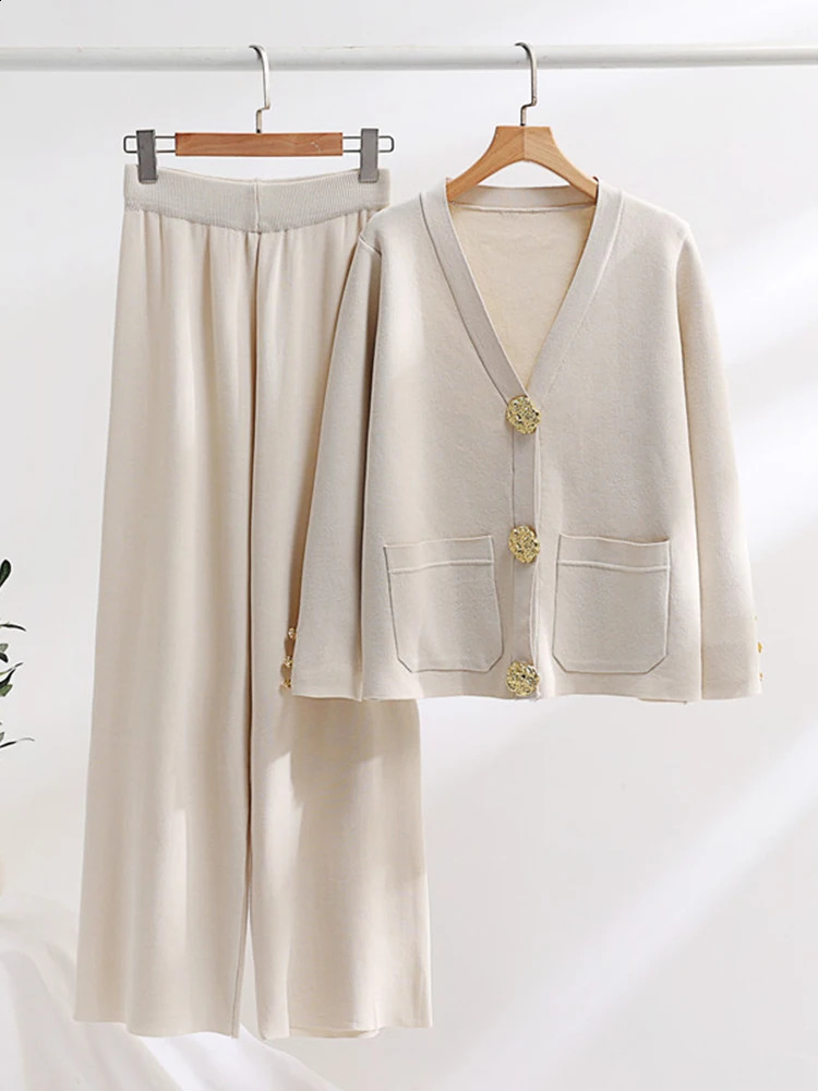 XFPV Women Solid V-Neck Long Sleeve Single Breasted Coat Elastic Waist Wide Leg Pants Two Piece Set Autumn Winter SM9785 240820