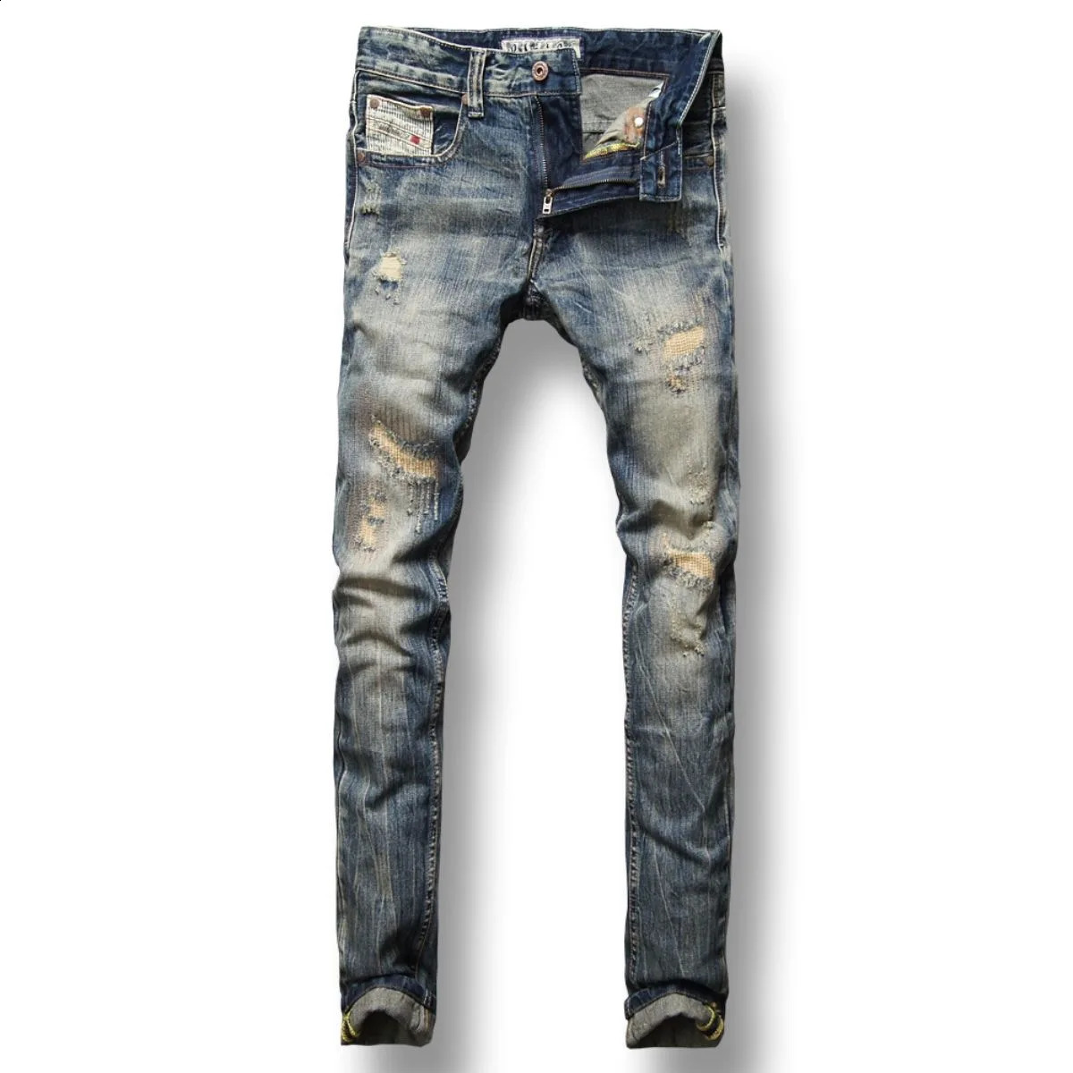 Spring and Autumn Fashion Casual Solid Color Vintage Ripped Jeans Mens Slim Comfortable Elastic High-Quality Jeans 240821