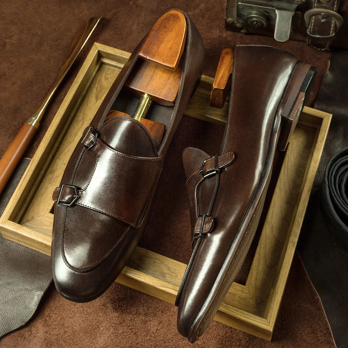 Spring and Autumn Mens Wedding Party Dress Shoes Black Brown Monks with Casual Fashion Mens Skating Boots 240821