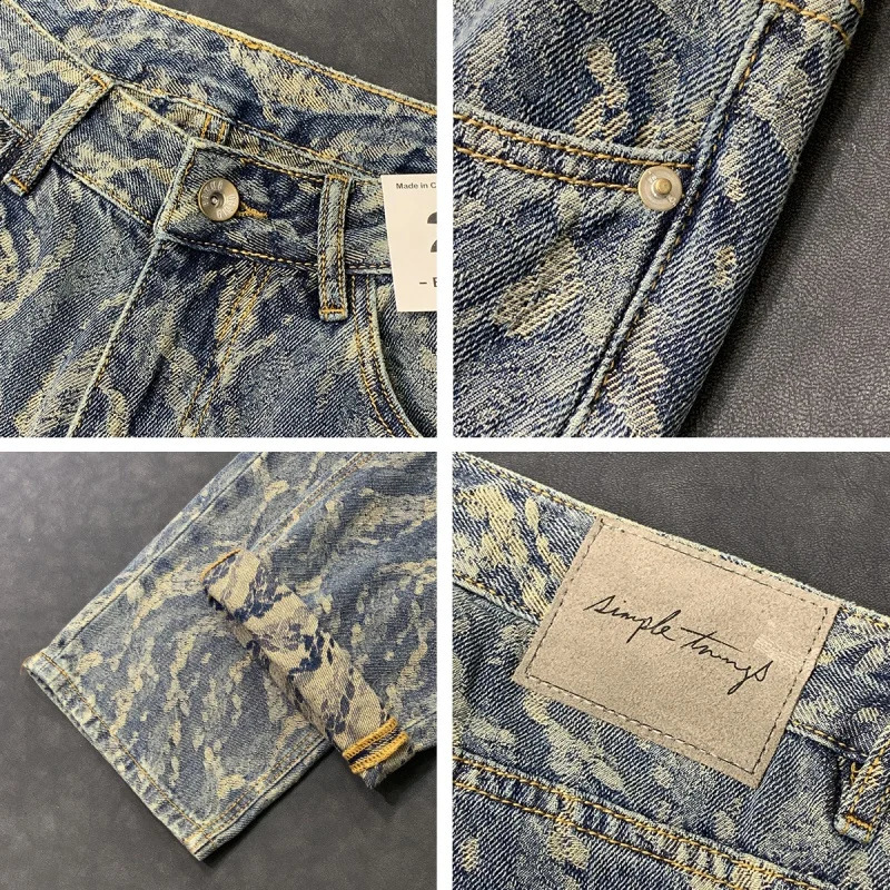 High Street Trendy American Jacquard Full Print Jeans Men Loose Straight Personalized Wide Leg Pants for Men 240821