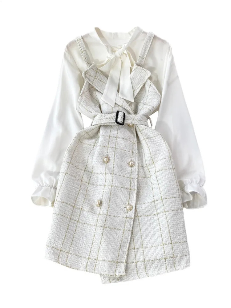 XFPV Womens Sweet Strap Wind Waist Wrapping Tweed A-line Dress Two Piece Set Bow Shirt Fashion Spring Summer SM11386 240820