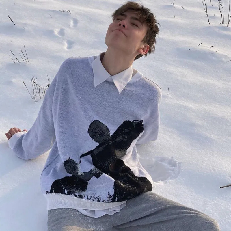 Hip Hop Men Streetwear Harajuku Knitted Sweater winter Pullover Loose Retro Vintage Halloween EMO y2k gothic Womens sweater top 240821