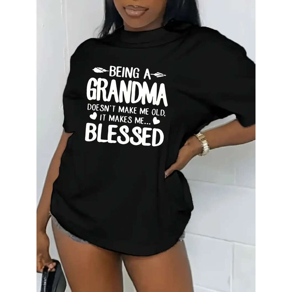 Grandma Blessed Print T-Shirt, Short Sleeve Crew Neck Casual Top For Spring & Summer, Women's Clothing