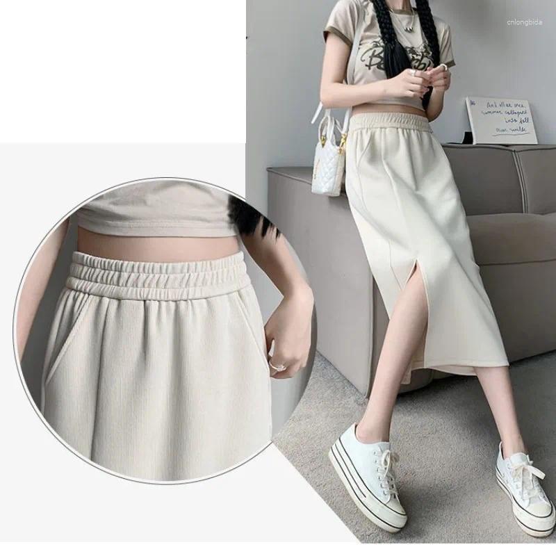 Skirts Spring Summer Womens Clothing Elastic High Waisted Solid Color Vacation Elegant Straight Short Knee Preppy Style Vintage