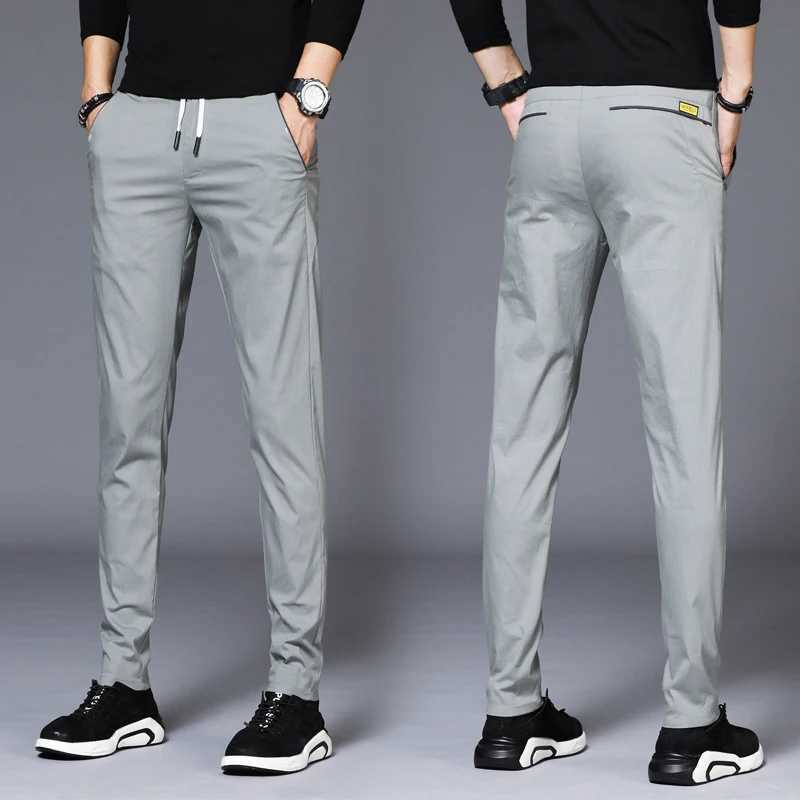 Mens thin pants 2024 summer new elastic ultra-thin slim fit Trouser lace up elastic waist casual solid straight leg pants fashionable streetwearW24072