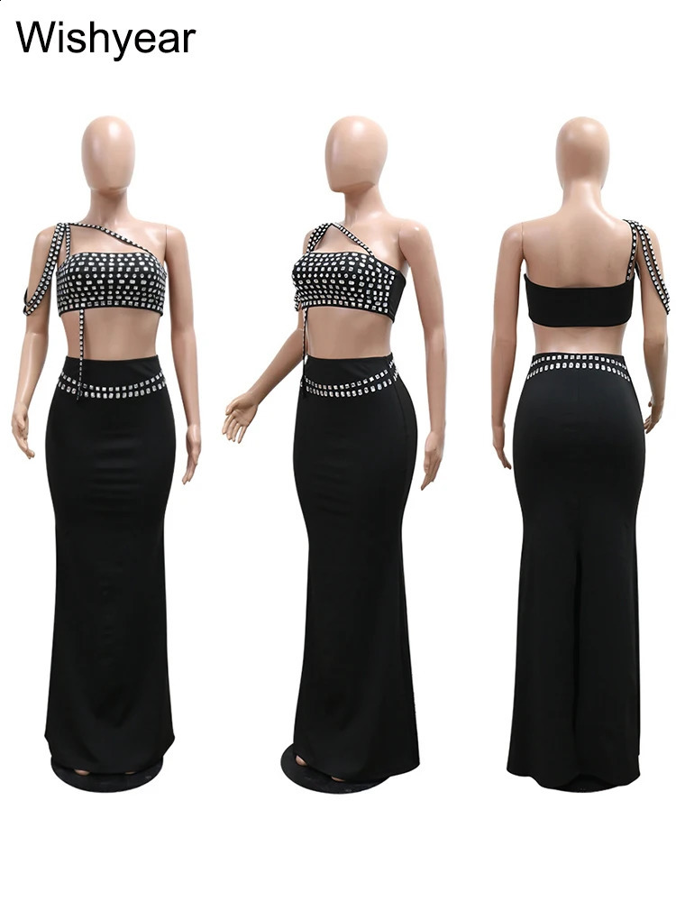 y Celebrity Evening Club Womens Sexy Black One Shoulder Diamond Long Skiing and Crop Top Two Piece Set 240821